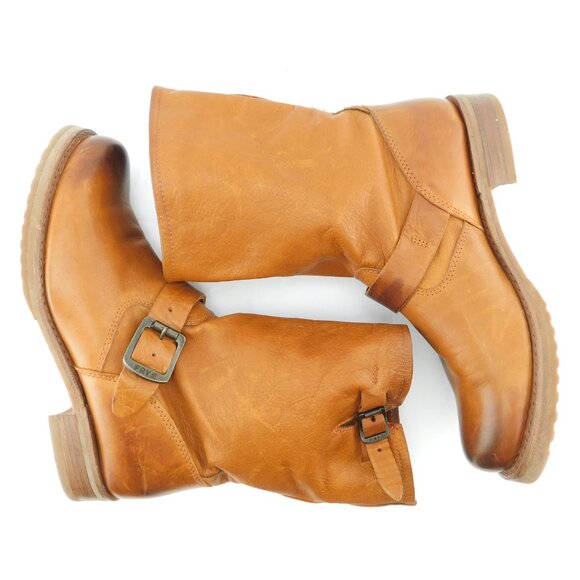FRYE Cognac Brown Soft Leather Buckled Slouch Moto Boots 7.5 - Picture 5 of 9